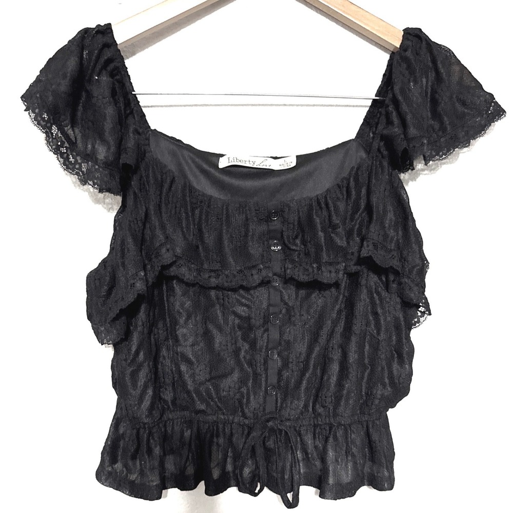Liberty‎ Love Black Lace Peplum Large Ruffle Boho Summer Top Whimsy Grunge Y2K